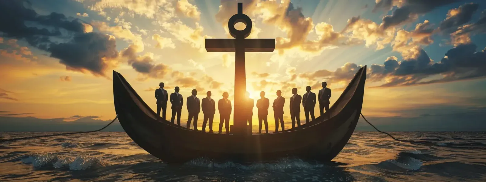 a group of business professionals gather around a large anchor, animatedly discussing the benefits of using ai search platforms to redefine market strategies.