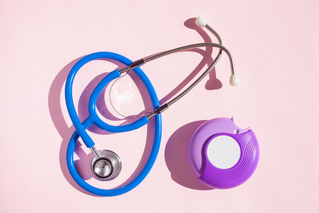 stethoscope asthma inhaler medicine. medical treatment